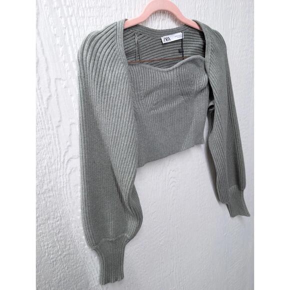 NWT Zara Ribbed Arm Warmers & Strapless Top Bodice Set Gray Green Size Medium - Picture 3 of 8